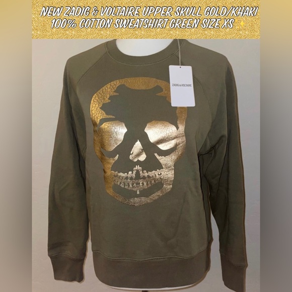 🎉HP🎉 Zadig & Voltaire Upper Skull Gold/Khaki 100% Cotton Sweatshirt Size XS✨ - Picture 1 of 14